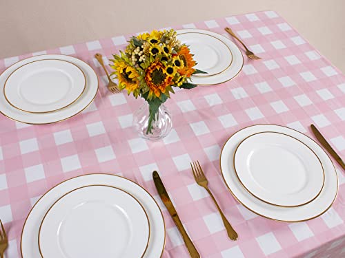 Image of Kesfey 8 Packs Pink and White Checkered Tablecovers 54 x 108 Inches Disposable Party Picnic Table Cloth SpillProof Plastic Gingham Tablecovers for Camping Decoration Party Favors