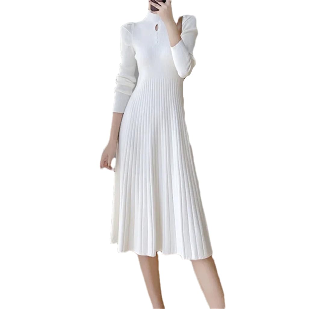 Dninmim Robe en tricot pour femme - Automne et hiver - Col haut - Taille haute - Coupe ajustée