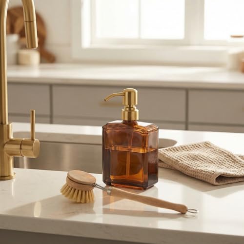 Image of KEMINO Amber Soap Dispenser Square Bottle and Gold Pump, Glass Dish Soap Dispense, Refillable Hand Soap Dispenser with Stainless Steel Pump, 13.5 oz Lotion Dispenser for Bathroom, Kitchen Countertop