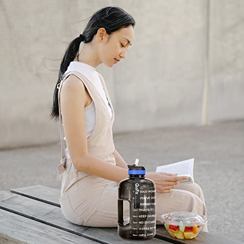 QuiFit Gallon Water Bottle with Straw and Motivational Time Marker BPA Free Easy Sipping 128/73/43 oz Large Reusable Sport Water Jug for Fitness and Outdoor Enthusiasts (Black,1 Gallon)
