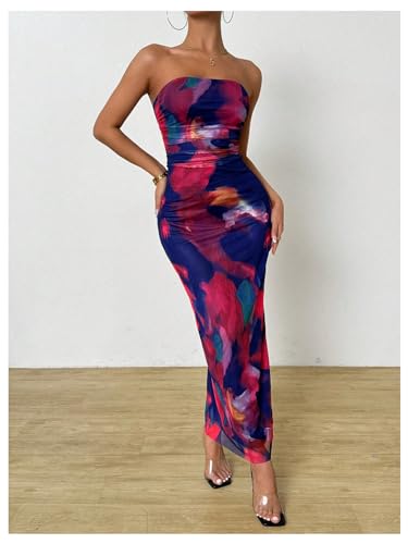 Image of GORGLITTER Women's Floral Strapless Bodycon Wedding Guest Dress Vacation Summer Birthday Tropical Maxi Long Sun Dresses