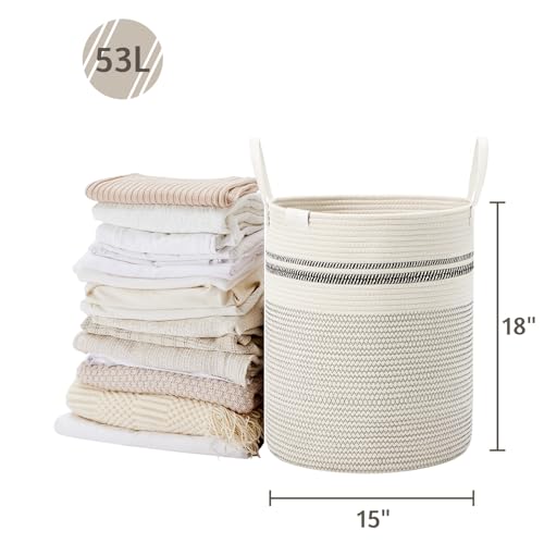Image of VIPOSCO 53L Tall Woven Rope Laundry Hamper, Leather Handles, Stripe White