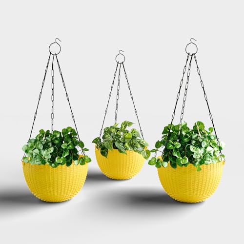 Image of YUCCABE ITALIA SHERA URO-Basket Plastic Flower Pot with Drainage Holes Round Planter Pot Suitable for Inddor Outdoor Kitchen (Yellow, 6 INCH - 3 Pcs)