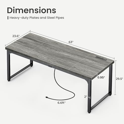 Huuger 63 x 24 inch Desk with Power Outlets & USB-C, Deeper & Thicker Desktop, Robust Metal Tubes, Computer Desk, Heavy Duty Office Desk, Work Gaming Desk, for Home Office, Grey