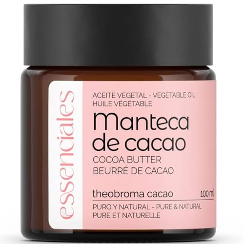 Essenciales - Aceite Vegetal de Manteca de Cacao, Virgen, 100% PURO, 130 g | Manteca Theobroma Cacao, 1ª Presión en Frío