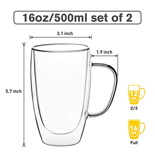 Double Walled Glass Coffee Mugs Glass Mug With Handles Double Wall Cappuccino Cups, 16oz Of Set 2 Coffee/tea Mugs, Clear Glasses Large With Handle - Thumbnail 5