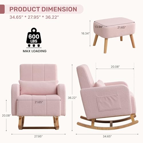 Image of HCHAIRH Rocking Chair with Ottoman, Upholstered Glider Rocker Armchair with High Backrest and Side Pocket, Comfy Reading Chair with Solid Wood Legs for Nursery, Living Room,Bedroom, Pink