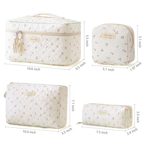 HBselect 4Pcs Cotton Quilted Makeup Bag Coquette Makeup Bag Large Travel Cosmetic Bag Aesthetic Cute Kawaii Cherry Makeup Bag Toiletry Bags Coin Purse for Women Girls