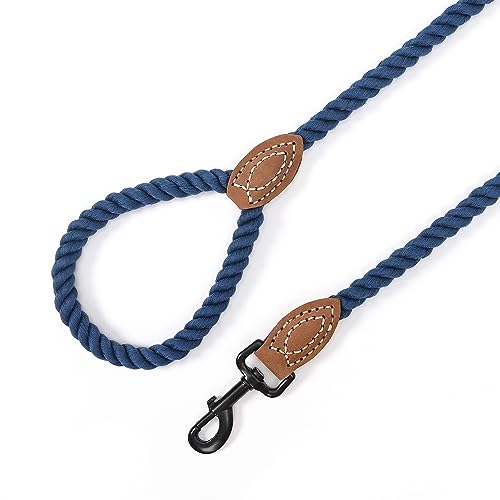 Mile High Life Dog Leash | Braided Cotton Rope Dog Leashes With Leather Tailor Tip | 4 Feet Dog Leash W Heavy Duty Metal Clasp | Wedding Dog Leash (Blue, 48 Inches) #TOP3