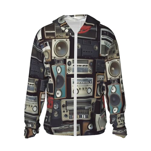 Sun Protection Hoodie for Men Women UPF 50+ Long Sleeve Rash Guard Jacket Vintage Wall of Radio Boombox Lightweight Sun Shirt