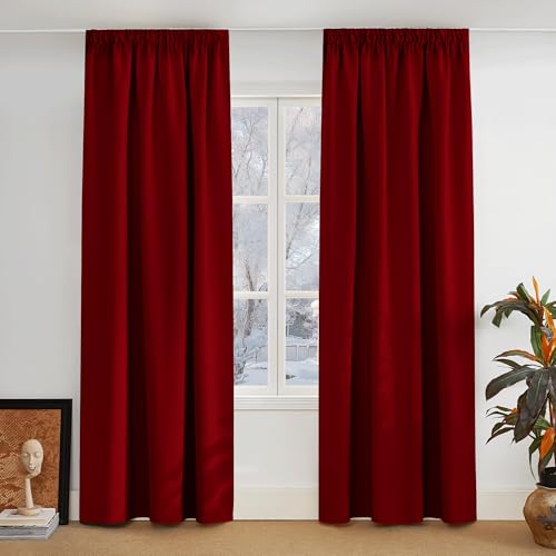PONY DANCE Thermogardinen Kälteschutz Wohnzimmer Vorhang Blickdicht Kräuselband 2er Set H 245 x B 140 cm Rot, Verdunkelungsvorhang für Schiene Thermal Blackout Curtains for Bedroom