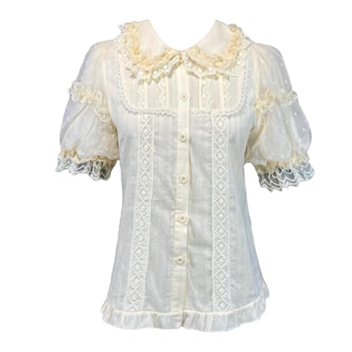 Image of Sweet Lolita Blouses Lace Trim Doll Collar Puff Short Sleeve Button Up Dress Shirts Womens Casual Summer Tops, Beige, M