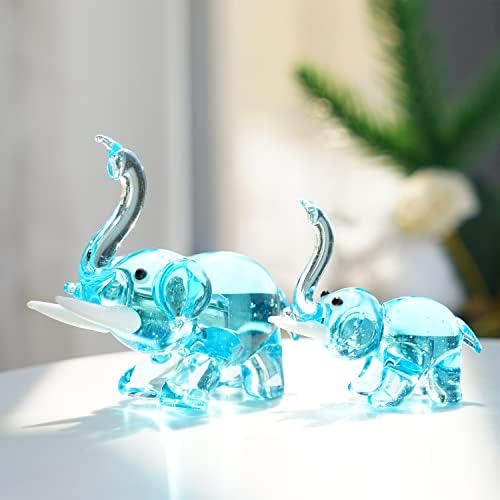 2pcs Hand Blown Glass Elephant Figurines, Art Glass Elephant Animals Collection Craft Home Table Decor Gift, Blue