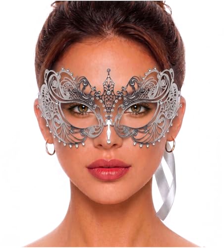 Image of Masquerade Mask for Women with Rhinestones - Elegant Metal Half Face Mask for Masquerade Parties, Mardi Gras, & Themed Events