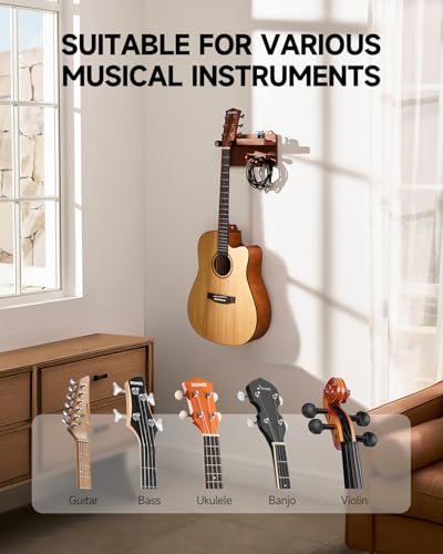 Donner Guitar Wall Mount Shelf with 3 Hooks and Pick Holder, Wood Guitar Hanger Rack for Acoustic, Electric, Bass, Ukulele, Banjo, Violin - image 3