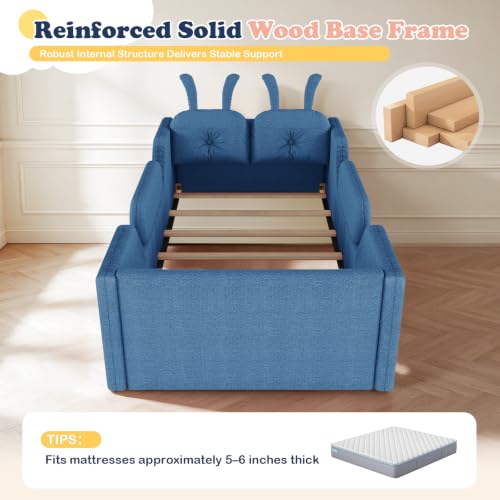 Image of Twin Bed Frame for Kids, Floor Platform Bed Rabbit, Blue
