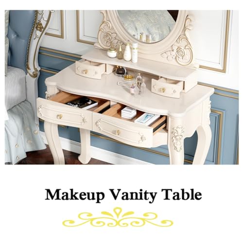 HEBEHO Victorian White Vanity Desk 80cm, Baroque Makeup Table with Drawers and LED Oval Mirror, Upholstered Stool, Dressing Table for Princess Women Girls