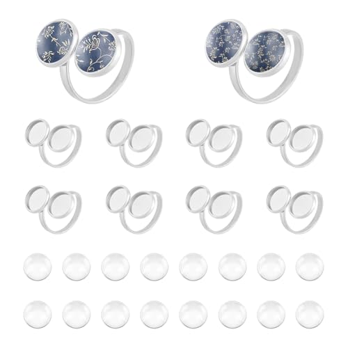 UNICRAFTALE 16pcs Adjustable Blank Ring Base 17mm Clear Glass Cabochon Base 304 Flat Round Trays Stainless Steel Bezel Tray 10mm for Jewelry Making