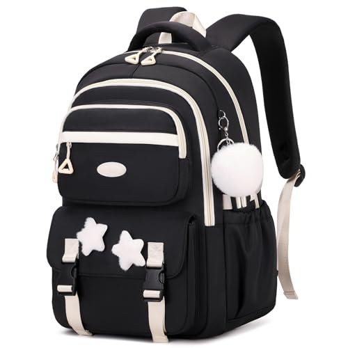 Amythe Mochilas Escolares para Niñas Adolescentes Mochila Infantil Grande para Chicas 10 12 14 años con Colgante de Pompón, Mochila Colegio de Viaje Casual, Apta para Carrito, Negro