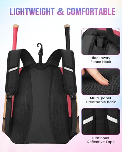 Image of MATEIN Softball Bag, Lightweight Baseball Backpack with Shoe Compartment, Baseball Bag with Fence Hook for TBall Bat & Equipment, Softball Gifts Catchers Backpack for Women Fit Catcher's Mitt, Helmet