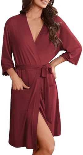 Ekouaer Robes for Women Knee Length Kimono Bathrobe Lightweight 3/4 Sleeve Sleepwear Soft Loungewear with Pockets S-XXL