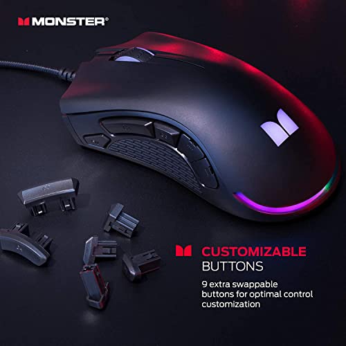 Monster Alpha 9.0 Rgb Wired Gaming Mouse, Customizable Buttons, Programmable Led Lighting, True 16,000 Adjustable Dpi, Ergonomic Optical Pc Gaming Mouse With Customizable Software – For Pc Gaming #TOP1