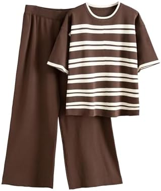 Tanming Womens 2 Piece Knit Sets Travel Outfits Striped Short Sle...