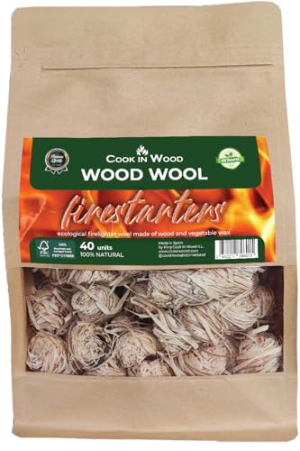 Cook In Wood - Encendedores de Fuego ecológicos – 40 Unidades - Iniciadores de Lana de Madera Natural