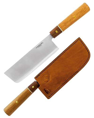 Condor Tool & Knife Kondoru Kitchen Nakkiri Knife - Stainless Steel - Hickory and Walnut Handle - Hand Crafted Welted Leather Sheath - 7in Blade - 10.06oz