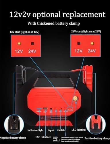 Arrancador de Coche de 12 V/24 V, súper Seguro, con luz de Emergencia y Banco de energía. Funciona en temperaturas extremas de -20 °C a 60 °C. Ideal para Coches, Camiones y Furgonetas.