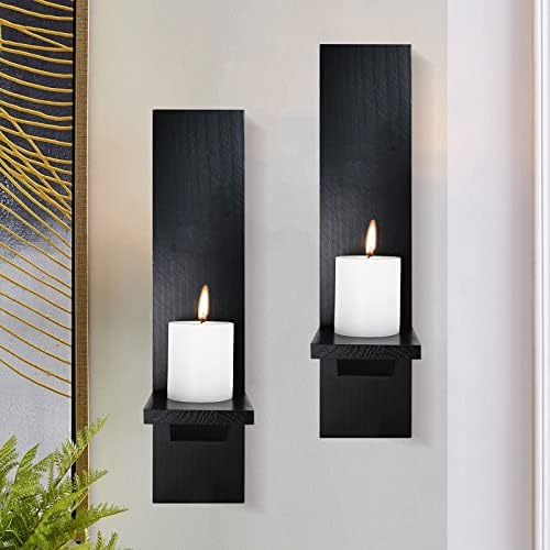 MISUMISO Wall Candle Sconces Set of 2, Decorative Wooden Candle Holder, Farmhouse Candle Sconce, Living Room Wall Decoration, Black
