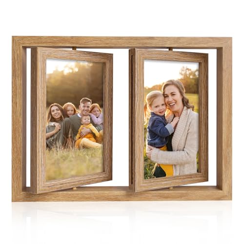 Kitnelw Cadre Photo 10x15 Rotatif à 360° Double Face 4 Photos Cadre en Bois Bricolage Cadre Photo Cdeau pour Salon, Chambre à Coucher, Bureau