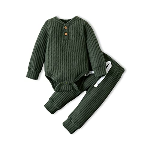 Image of PATPAT Baby Clothes Newborn Infant Boy Girl Clothes Unisex Baby Outfits Waffle Romper and Pants Outfits Dark Green 0-3 Months