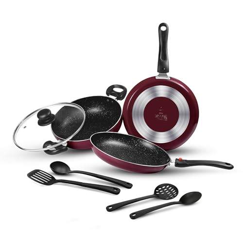 Image of Milton Pro Cook Kitchen Pride Plus Granito I Set of 7 Non Stick Cookware | Non Induction I Cooking Pan, Kadhai with Lid, Tawa, Nylon Laddle & Spatula I Peach Metallic