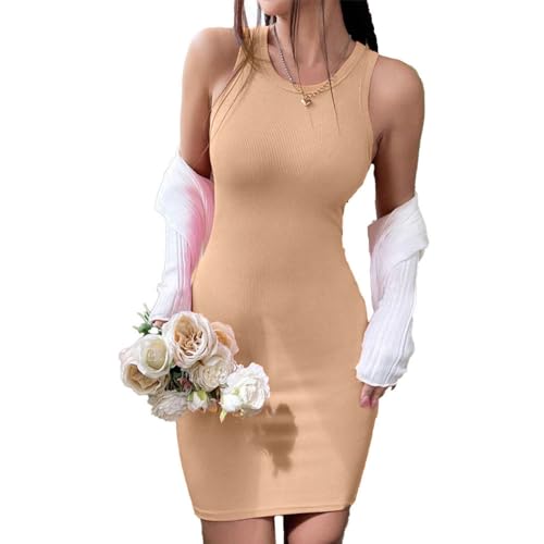Image of Solid Sleeveless Round Neck Ribbed Western Bodycon Dress For Women