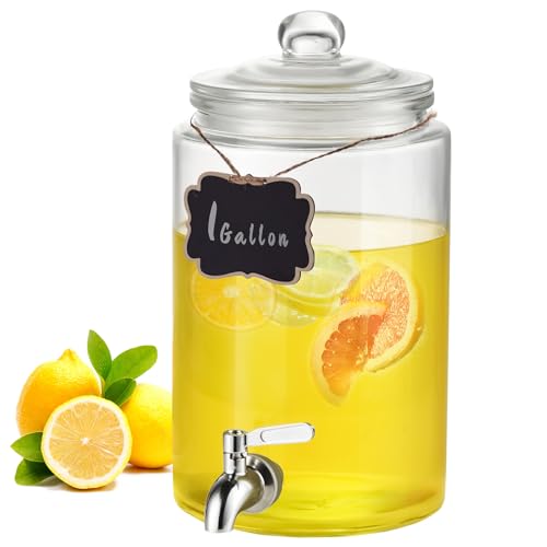 VEVOR Dispensador de Bebidas de 3,8 litros para Fiestas, Dispensador de Jugo de Vidrio con Espiga de Acero Inoxidable, Dispensador de Agua de Jugo de Limonada de Té Helado, 290 x 156 x 156 mm