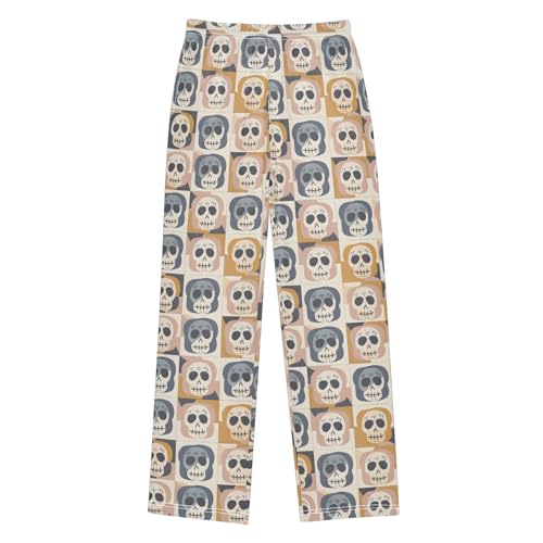 ALAZA Boho Whimsical Minimalist Tile Pattern with Cute Cartoon Happy Skulls Muted Colors Pajamas Bottoms with Pockets Comfy Pjs Sleepwear Elastic Waistband Pajamas Pants Lounge Pants for 6-14 Years