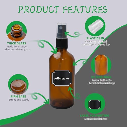52 Pcs 4 Oz Amber Glass Spray Bottles with Funnel, Brush & Labels Set Small Spray Bottle for Travel, Oil Spray & Mist2