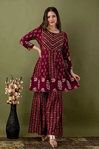 KUROCK Pakistani Kurti Sharara Set For Women's Rayon Mix Cotton Tunic Dupatta Set Indian Summer Dress (Wine)2