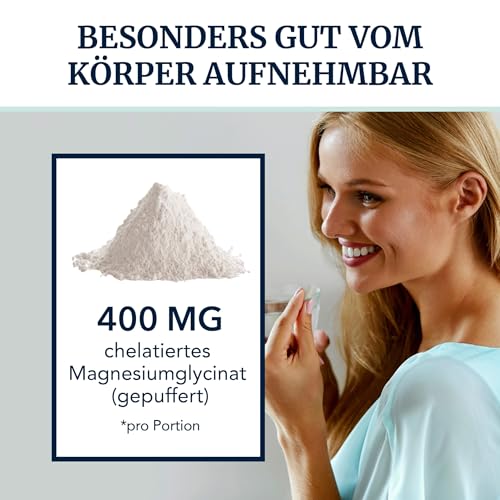 Magnesiumglycinat 400 mg | zur Unterstützung von Muskeln, Knochen, Herz, Nerven, Schlaf & Entspannung | Unterstützt innere Ruhe bei Frauen & Männern | Sehr gut absorbierbares | 120 Kapseln