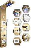 ELLO&ALLO Stainless Steel Shower Panel Tower System,LED Rainfall Waterfall Shower Head 6-Function Faucet Rain Massage System with Body Jets, Brushed Gold