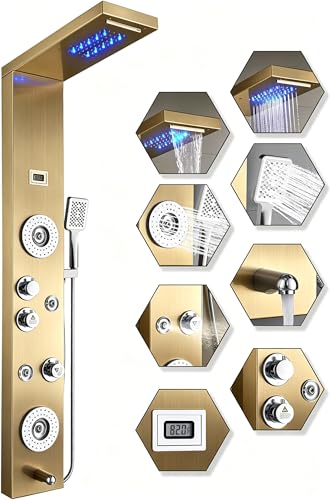 Image of ELLO&ALLO Stainless Steel Shower Panel Tower System,LED Rainfall Waterfall Shower Head 6-Function Faucet Rain Massage System with Body Jets, Brushed Gold