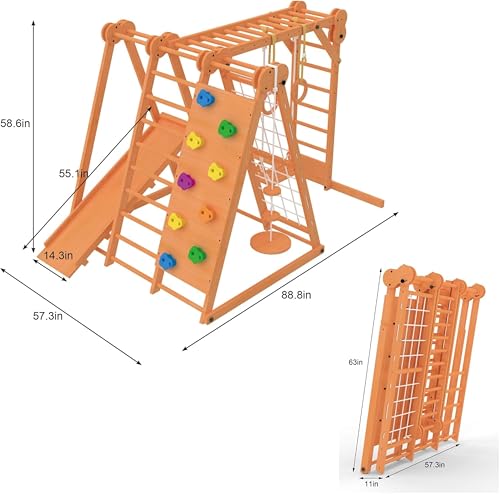 Image of Avenlur 8-in-1 Small Indoor /Outdoor Playset - Foldable Wooden Kids Play Set for Backyard - Kid Playground for Toddlers Age 2-6 with Slide, Monkey Bars, 2 Ladders, 2 Swings, Rock Climbing, Gym Rings