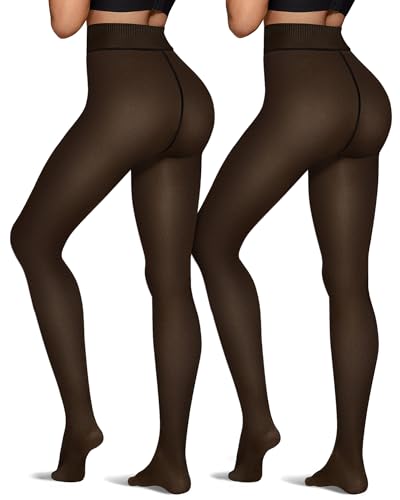 OEAK Womens 2 Pairs Fleece Lined Tights Leggings Sheer Fake Translucent Pantyhose Tights Thermal High Waisted Footed Leggings Black S/M 300g