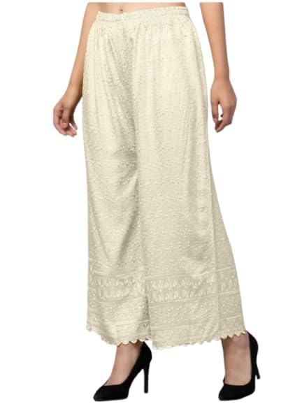 Image of Women's Palazzo Pants Rayon Trousers Chikankari Embroidered Lace Trim Wide Leg Straight Fit Flared Palazzo for Girls & Women