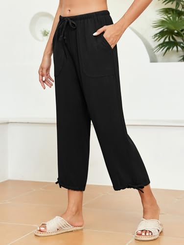 Famulily Womens Capri Pants High Waisted Wide Leg Lounge Linen Pant Drawstring Causal Palazzo Trousers with Pockets2