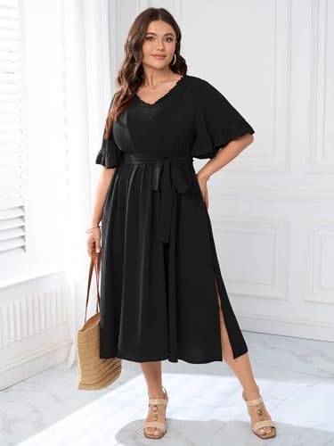 Image of SCOMCHIC Women's Plus Size Wedding Guest Dress Smocked V Neck Short Ruffle Sleeve Split Flowy Summer Cocktail Dresses