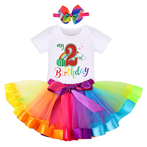 Watermelon 2Nd Birthday Outfit For Baby Girls Romper Rainbow Tutu Skirt Headband Socks 4Pcs Summer Clothes Set For 2 Year Old Princess Cake Smash Photo Prop Dress Rainbow 2Nd Birthday 4Pcs 2 Years #TOP1