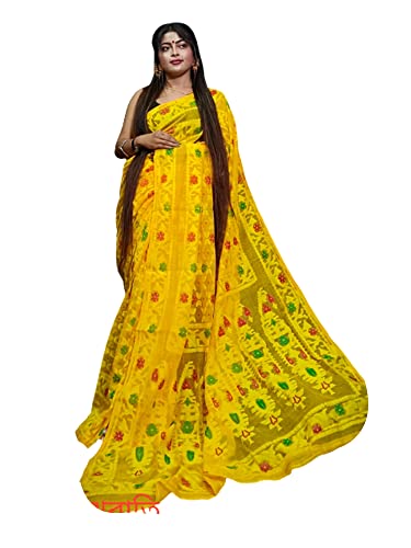 Saree Jamdani en coton bengali jaune tissé main | Robe traditionnelle Dhaka