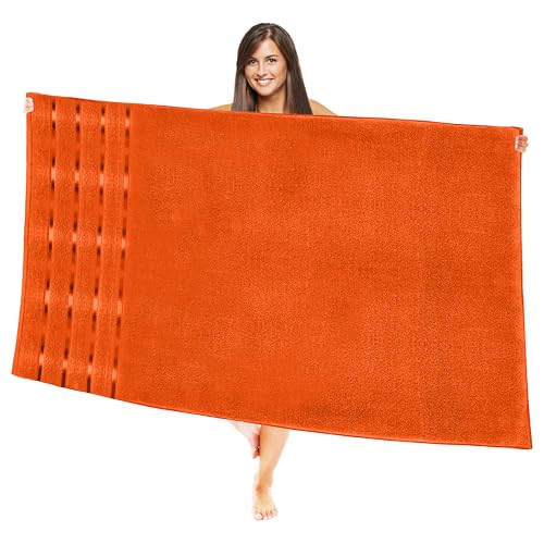 Image of Elegant Comfort 100% Turkish Cotton 4 Lines Viscose Stripe Jumbo Bath Towel - Hotel Spa Quality Extra Large 35 x 70 Inch Bath Towel Ultra Soft, Super Absorbent Quick Dry Large Bath Towel, Orange